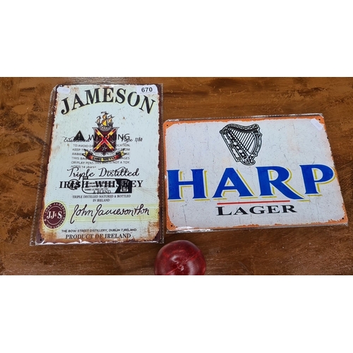 670 - Two vintage-style metal signs featuring Jameson Irish Whiskey and Harp Lager branding, each with a d... 