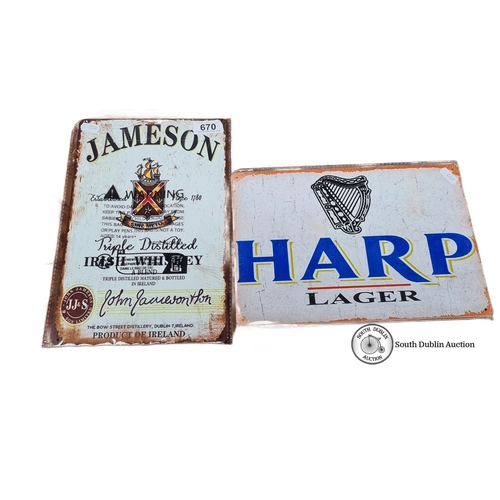 670 - Two vintage-style metal signs featuring Jameson Irish Whiskey and Harp Lager branding, each with a d... 