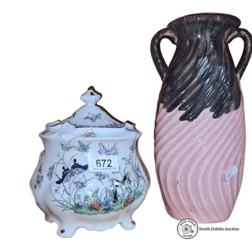 672 - Herend porcelain jar, hand-painted with floral and butterfly motif, features four-footed base. Appro... 