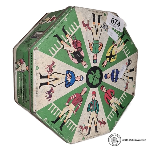 674 - Vintage Irish Racing Colours tin, featuring jockey illustrations. Octagonal shape, approximate size:... 