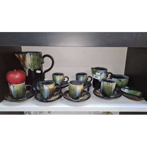 681 - Rosse Studio, Cashel Ireland.  pottery tea set from Cashel, Ireland, includes pitcher, cups, saucers... 