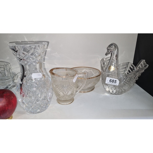 685 - Crystal assortment including a vase, creamer, bowl, and swan dish. Waterford mark visible on one pie... 