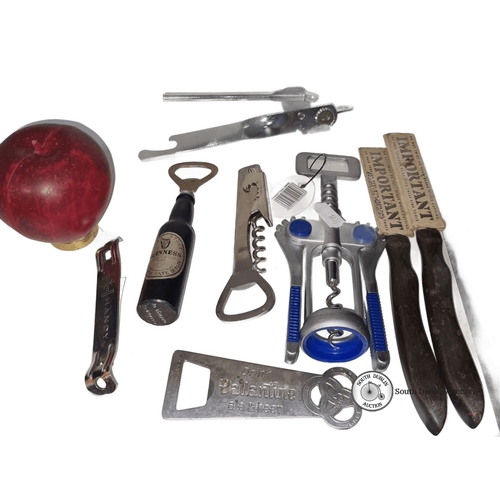 687 - Mixed lot containing vintage bottle openers and corkscrews, including a Ballantine ale and beer open... 