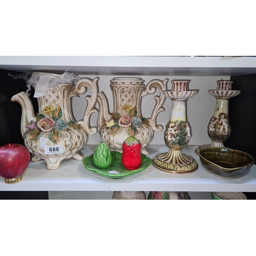 688 - Set of Italian ceramic vases and candlesticks featuring floral motifs, marked 