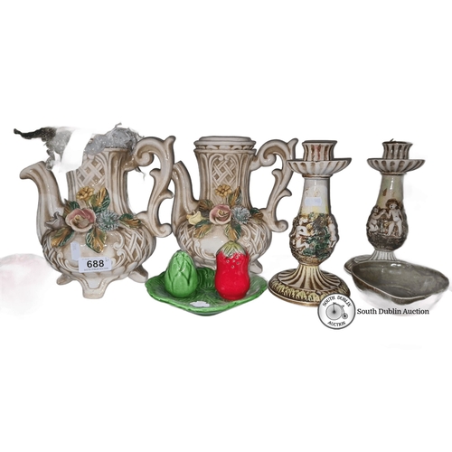 688 - Set of Italian ceramic vases and candlesticks featuring floral motifs, marked 