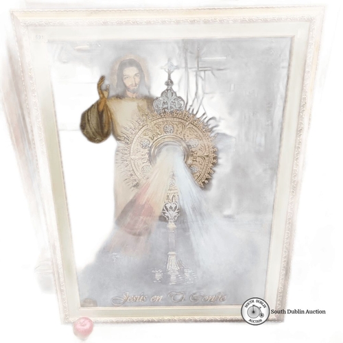 691 - Framed religious print depicting Jesus with a monstrance, inscribed 