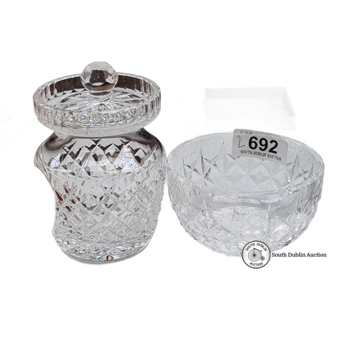 692 - Waterford crystal lidded preserve jar and bowl with intricate diamond and starburst patterns. Height... 