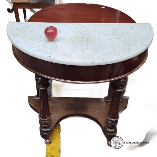 698 - Victorian mahogany console table with a white marble demi-lune top. It features intricately turned l... 