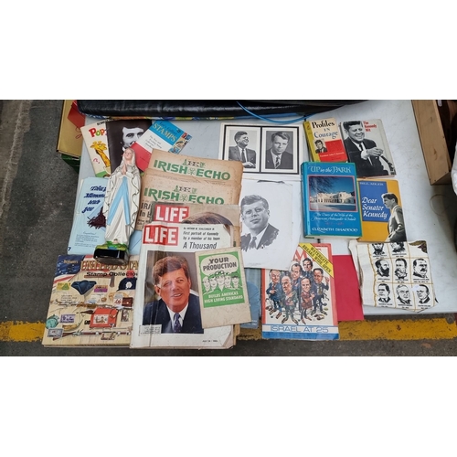 701 - Collection of JFK memorabilia including photographs, magazines, and books. Features Irish Echo newsp... 