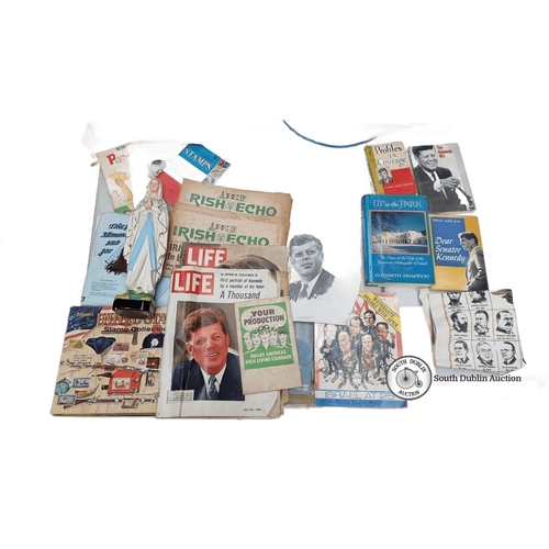 701 - Collection of JFK memorabilia including photographs, magazines, and books. Features Irish Echo newsp... 