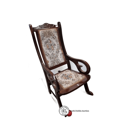 703 - Victorian-style mahogany rocking chair with floral tapestry upholstery. Approximately 100 cm tall, 6... 