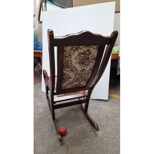 703 - Victorian-style mahogany rocking chair with floral tapestry upholstery. Approximately 100 cm tall, 6... 