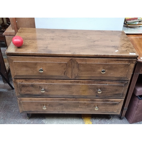 710 - Wooden chest of drawers with three drawers. Approximately 36