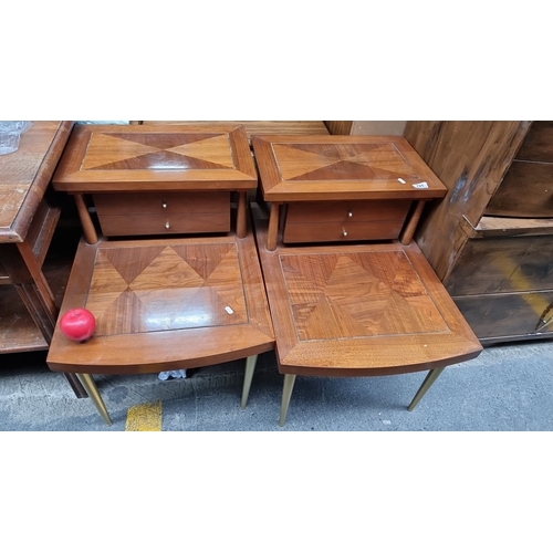 721 - Star Lot  : A pair of Lane, Altavista, Vienna  Walnut side tables with geometric veneer pattern, fro... 