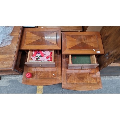 721 - Star Lot  : A pair of Lane, Altavista, Vienna  Walnut side tables with geometric veneer pattern, fro... 