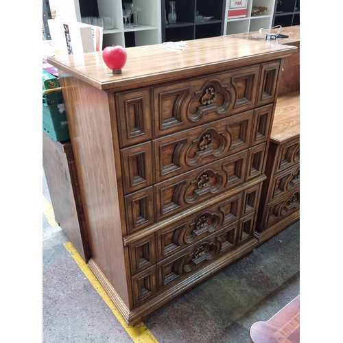 725 - Star lot : A fabulous four piece  Carved bedroom set Tall boy, Long Dresser and two matching lockers... 