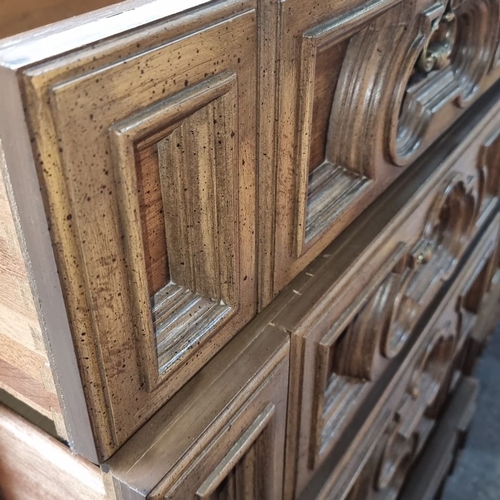 725 - Star lot : A fabulous four piece  Carved bedroom set Tall boy, Long Dresser and two matching lockers... 