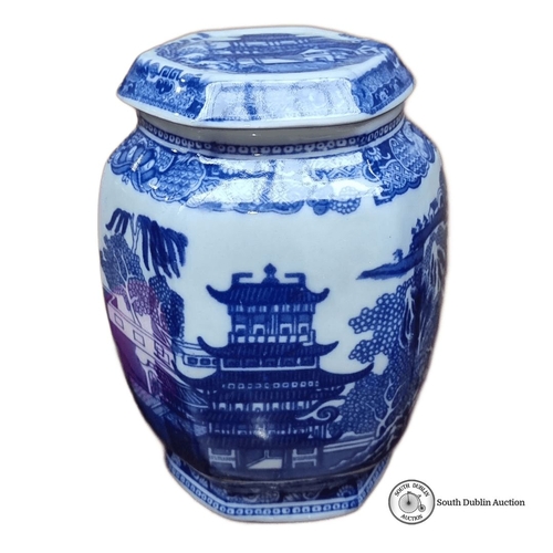 726 - Blue and white Moonstone China jar with lid, featuring a pagoda motif. Vintage English porcelain, ap... 