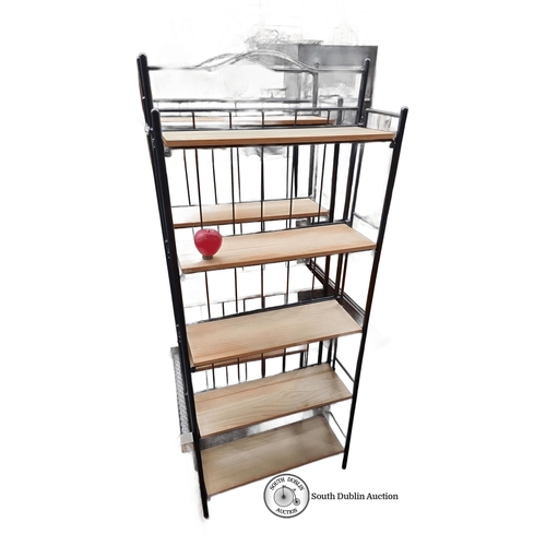 729 - Two Metal and wood shelving units, five-tier design with black frame. Approximately 180 cm high, 90 ... 