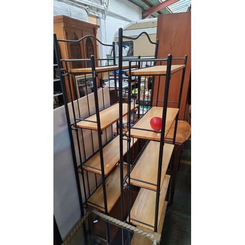 729 - Two Metal and wood shelving units, five-tier design with black frame. Approximately 180 cm high, 90 ... 