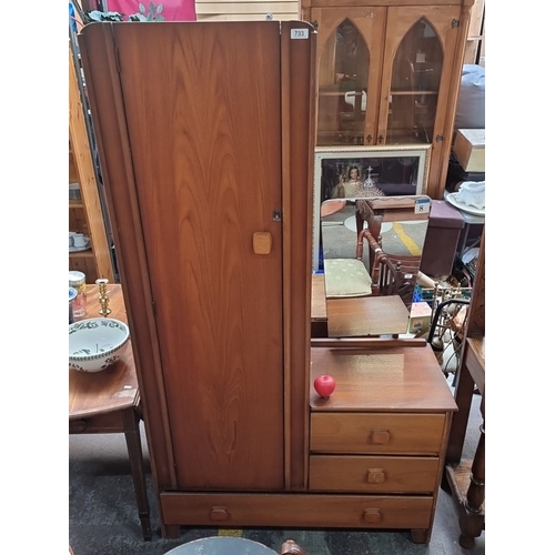 733 - Mid-Century Modern teak wardrobe with integrated mirror and drawers. Approximately 180 cm high, 90 c... 