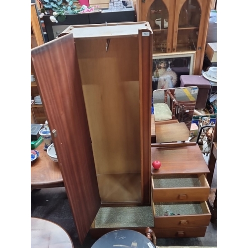 733 - Mid-Century Modern teak wardrobe with integrated mirror and drawers. Approximately 180 cm high, 90 c... 