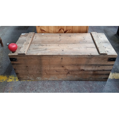 736 - A vintage pine storage chest, natural finish, metal hinges. Approximately 100 cm length, 40 cm width... 