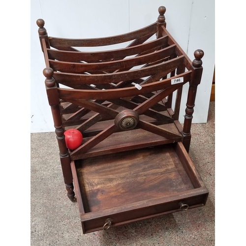 Victorian mahogany Canterbury with turned supports and lower drawer. Approximately 55 cm high, 45 cm
