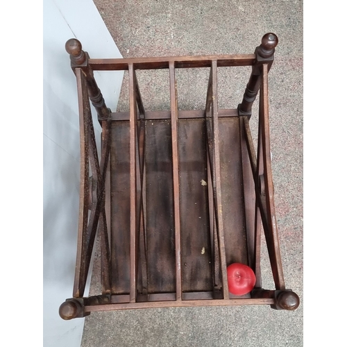 Victorian mahogany Canterbury with turned supports and lower drawer. Approximately 55 cm high, 45 cm