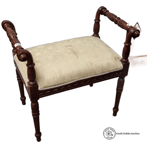 747 - Victorian mahogany carved piano stool, upholstered in cream patterned fabric. Approximately 24 inche... 