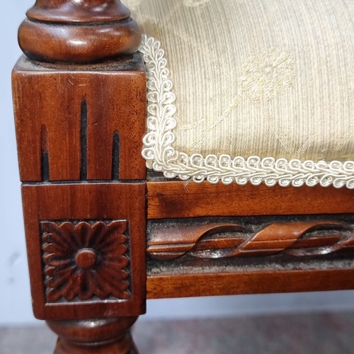 747 - Victorian mahogany carved piano stool, upholstered in cream patterned fabric. Approximately 24 inche... 