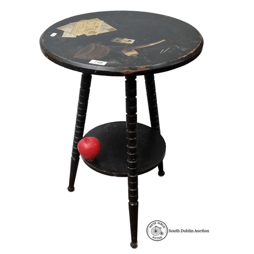 748 - Start Lot : A fabulous three legged cricket table with decoupage top, depicting maps and a pipe moti... 