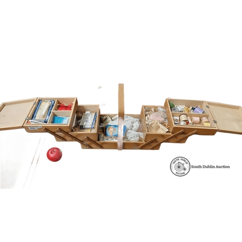 755 - Vintage wooden sewing box with contents, such as threads and lace. Approximately 20