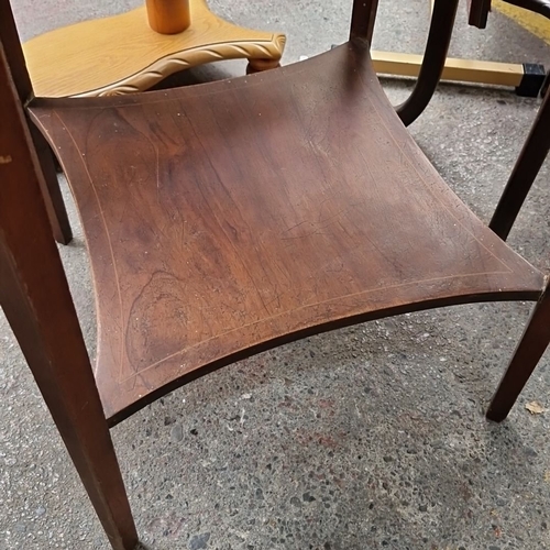758 - Round wooden side table with inlay detail. Approximately 70 cm height, 60 cm diameter.