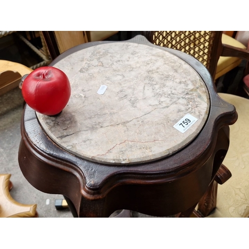 759 - Star Lot : Antique side table with marble top, elegant curved mahogany frame. Approximately 30 inche... 