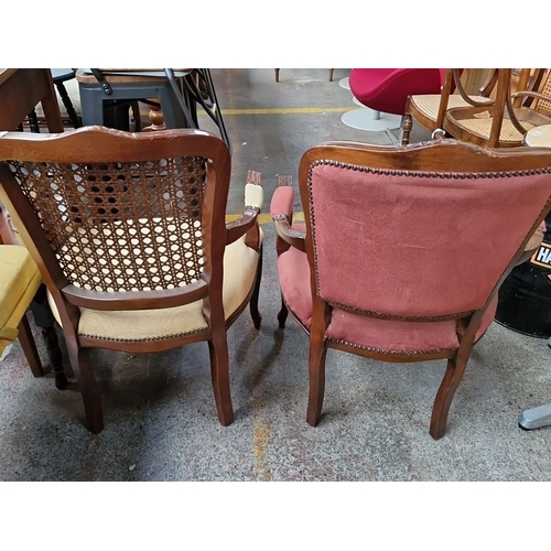 760 - Pair of vintage Louis XV-style armchairs with carved wood frames and upholstered seats. Approximatel... 