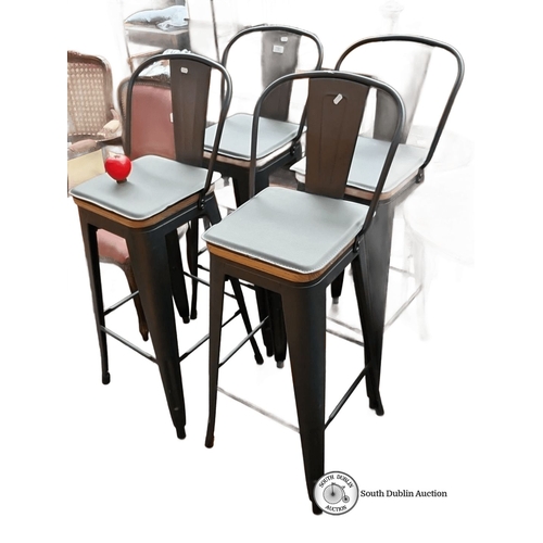 761 - Set of four industrial-style bar stools with black metal frames and wooden seats. Approximately 42 i... 
