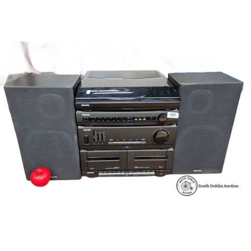 767 - Philips stereo system with dual cassette decks, semi-automatic turntable, and AM/FM analog stereo tu... 
