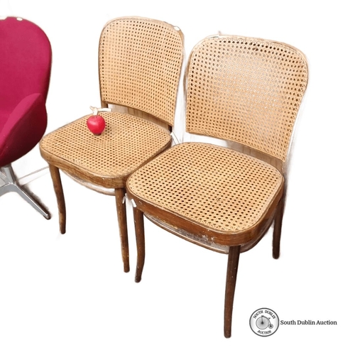 772 - Pair of vintage rattan chairs with caned seats and backs. Approximately 34 inches tall, 18 inches wi... 