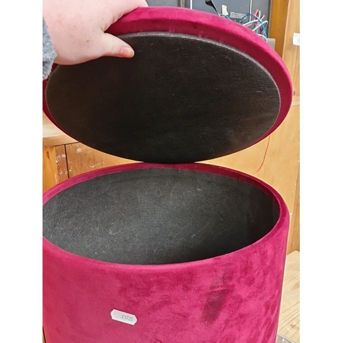 775 - Red velvet stool with storage ottoman with gold base. Approximately 45cm height, 35cm diameter. Remo... 