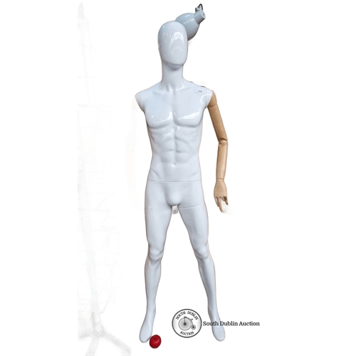 779 - Male mannequin with glossy white body and natural wood articulated arms. Approximately 6 feet tall.