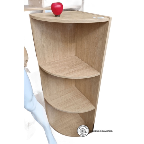 780 - Corner shelving unit, light oak finish. Approximately 90 cm tall, 45 cm wide, 30 cm deep. Features t... 