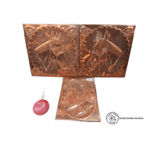 781 - Set of three copper relief panels with equine and praying hands motifs. Approximately 30 x 30 cm eac... 