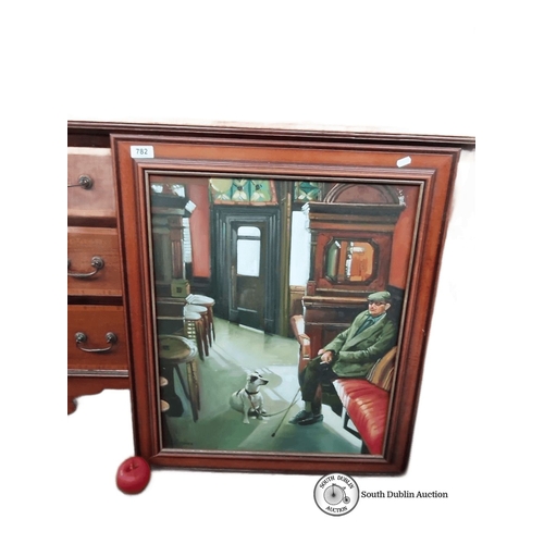 782 - irish Oil painting by L. Jones depicting a seated man and dog in an interior setting, framed in wood... 