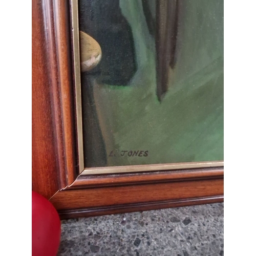 782 - irish Oil painting by L. Jones depicting a seated man and dog in an interior setting, framed in wood... 