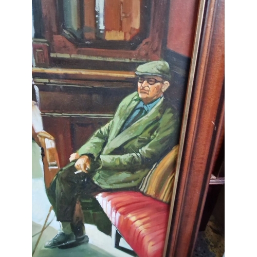 782 - irish Oil painting by L. Jones depicting a seated man and dog in an interior setting, framed in wood... 
