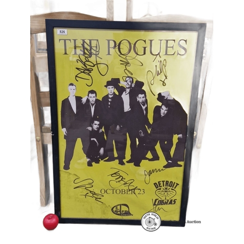 826 - Framed large poster of The Pogues, featuring printed band signatures. Approximately 24 x 36 inches.