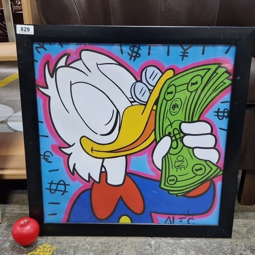 829 - A print after Alec Monopoly Framed pop art painting featuring a cartoon duck holding money. Bright, ... 