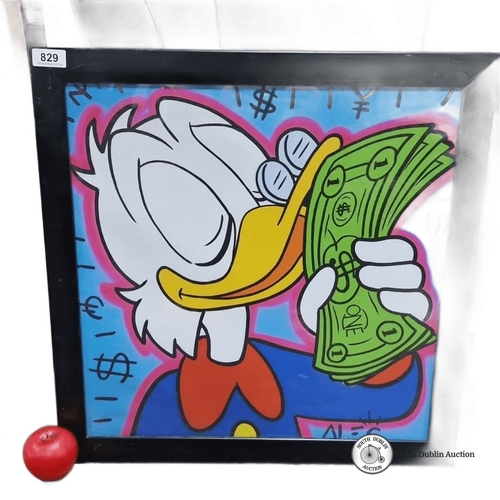 829 - A print after Alec Monopoly Framed pop art painting featuring a cartoon duck holding money. Bright, ... 