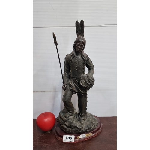 896 - Bronze sculpture from The Juliana Collection depicting a Native American with spear and headdress. A... 